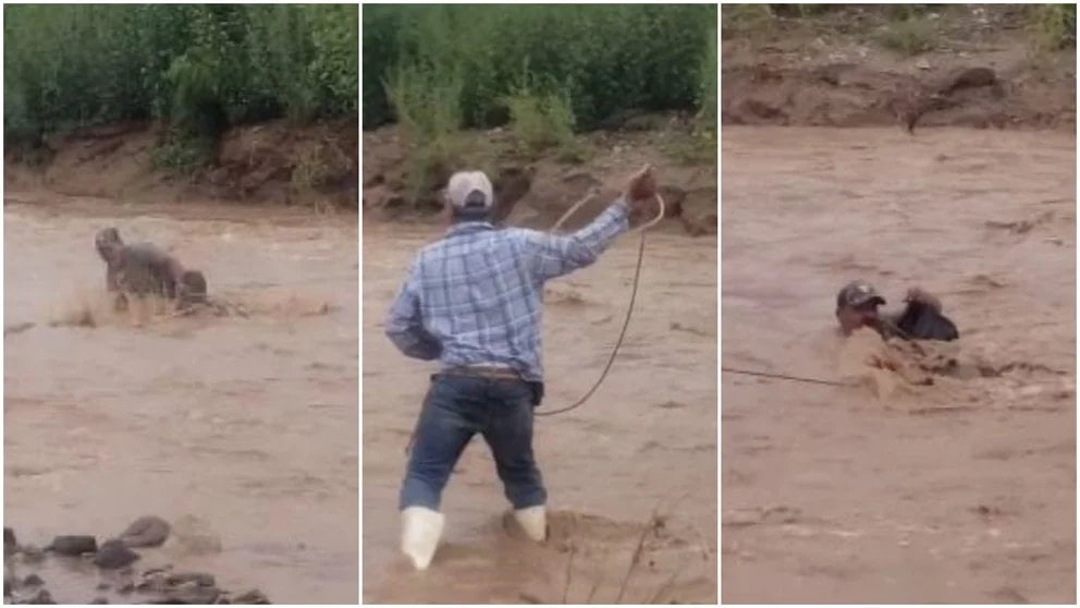 VIDEO: Vaquero ‘lazó’ a hombre que era arrastrado por río en Sonora