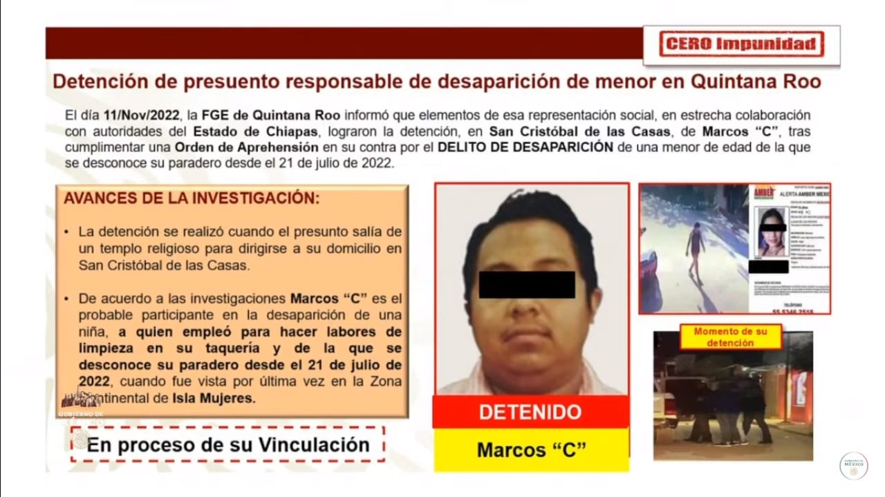 Resaltan en la mañanera la detención de Marcos “C” presunto responsable de desaparición de Fernanda Cayetana