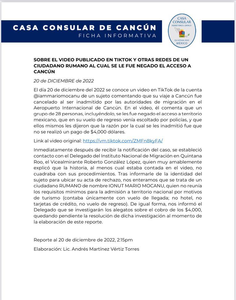 Comunicado de la Casa Consular de Cancún sobre lo hechos