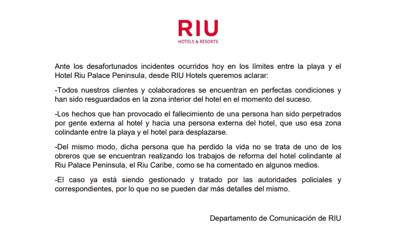 Hotel RIU se pronuncia por hechos violentos registardos cerca de instalaciones