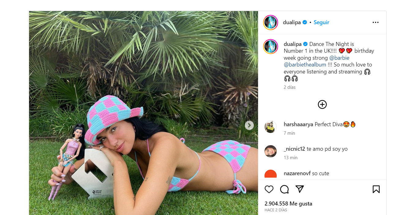 Dua Lipa celebra su éxito con ‘Barbie’ en Instagram