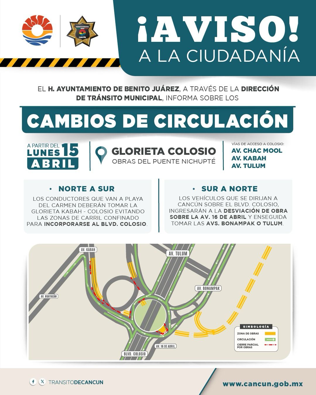 Informan sobre desvío de circulación en la Glorieta Kabah