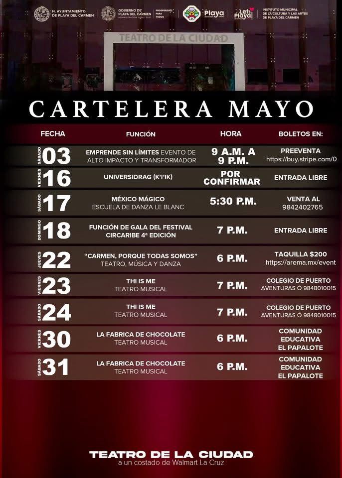 Presenta Teatro de la Ciudad de Playa del Carmen su cartelera del mes de mayo